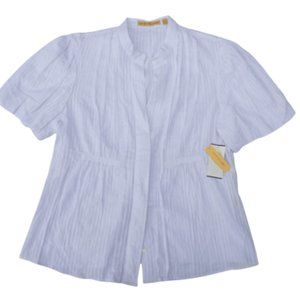 NEW Lloyd Williams Embroidered White Cotton Blouse Band Collar Puff Pintuck L